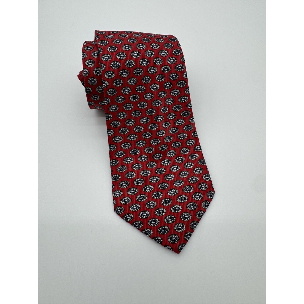 Ascot Chang New York Red Silk Tie Geometric Medallion Pattern Classic Luxury